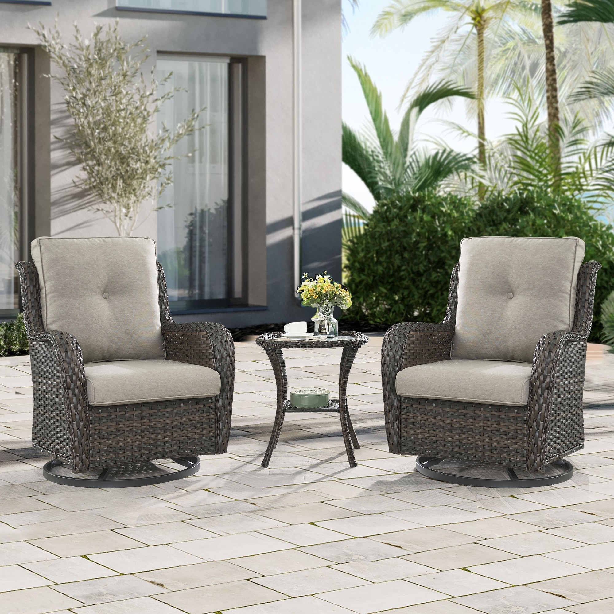 Gymojoy Outdoor 3-piece Steel Wicker Swivel Chair Table Set