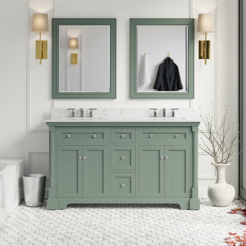 KitchenBathCollection Sydney 60" Double Bathroom Vanity with Engineered Marble Top - Sage Green
