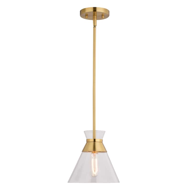 VAXCEL Harper 1-Light 8.5 in. Wide Natural Brass Gold Mid-Century Modern Mini Pendant with Clear Glass Cone Shade