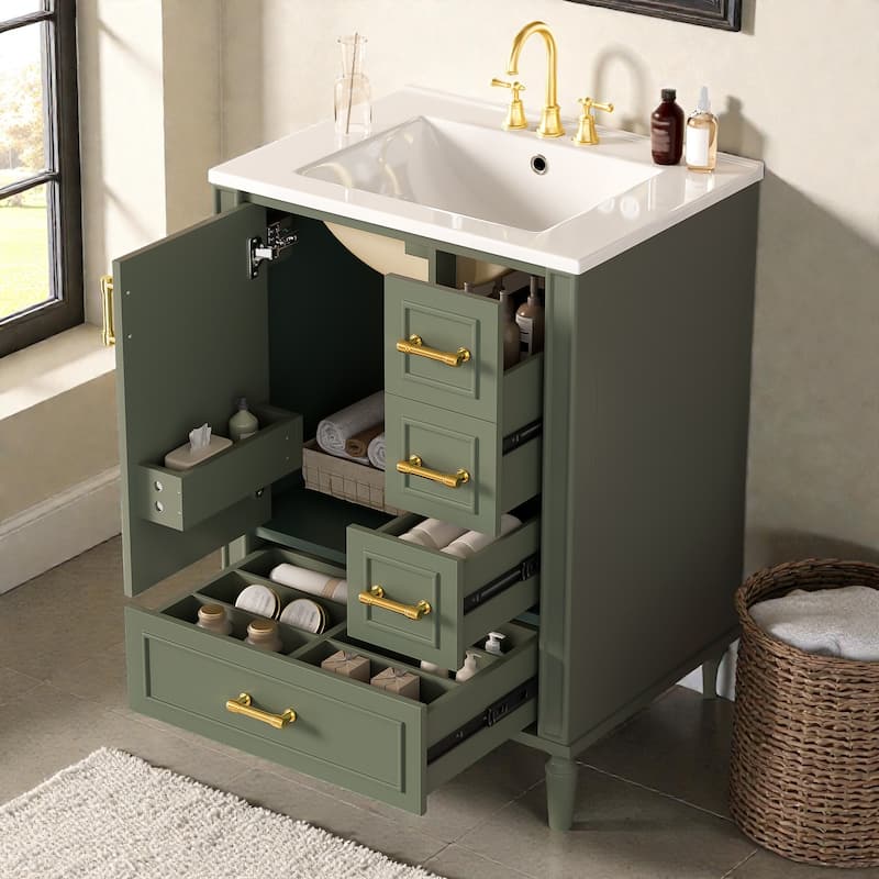24" Modern Bathroom Vanity with Ceramic Sink, 3 Drawers, Soft-Close Door, Gold Handles, Space-Saving Storage