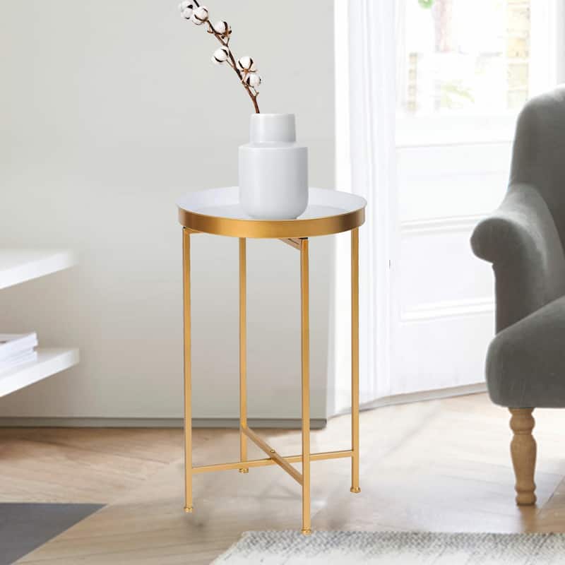 Adeco Round End Table Gold Metal Side Nightstand Accent Coffee Tables - 15""(D)x 15""(W)x 25.7""(H) - Metal