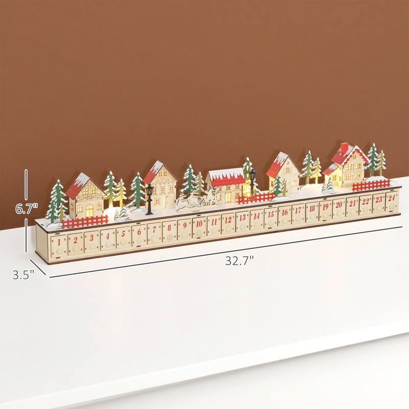 HOMCOM Christmas Calendar with 24 Drawers, Reusable Lighted Wood-Effect Countdown to Christmas Calendar with Village Scene