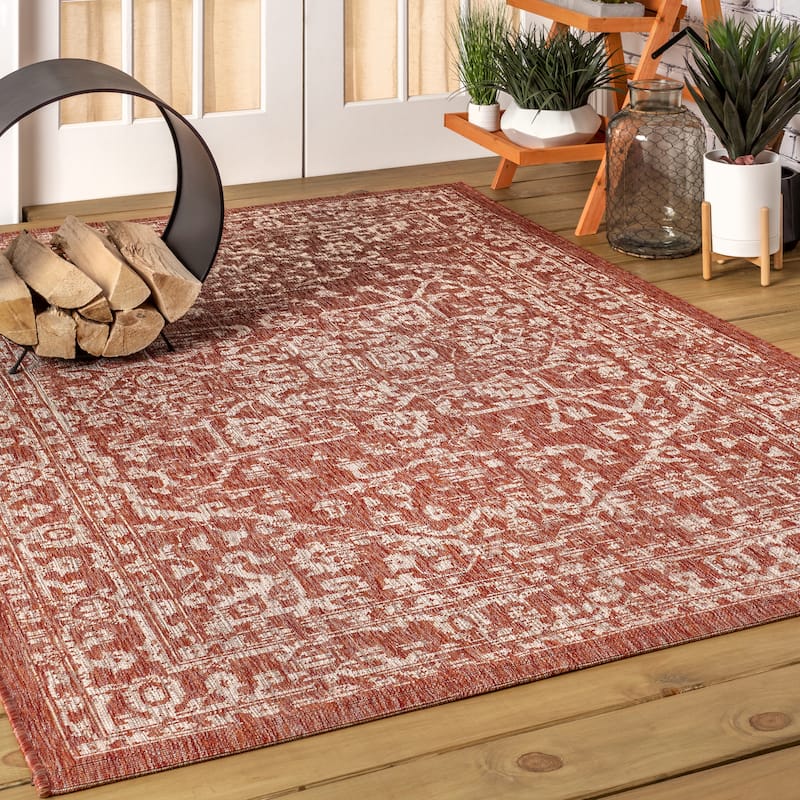 JONATHAN Y Medallion Textured Weave Indoor/Outdoor Area Rug - 10' x 14' - Red/Taupe