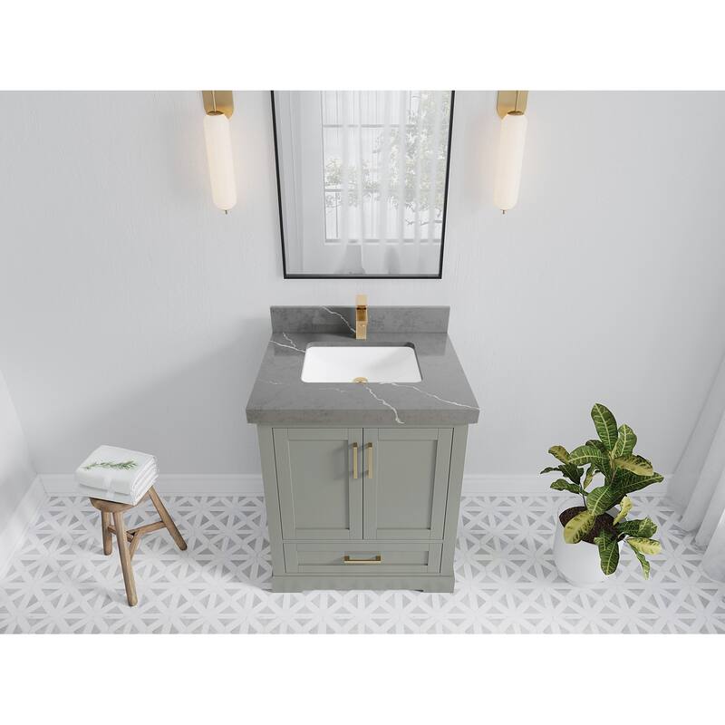 Willow Collection 30 in W x 22 in D x 36 in H Reeded Boston Single Bowl Sink Bathroom Vanity with Quartz or Marble Countertop - 2"Piatra Gray - Evergreen