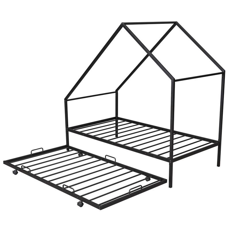 Twin Metal House Bed With Trundle