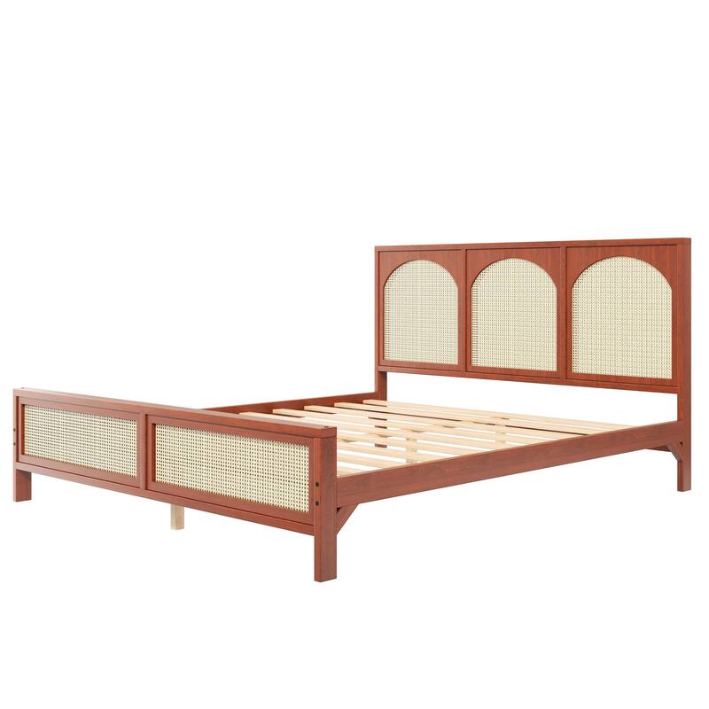GDFStudio - Modern Wooden Platform Bed with Rattan Headboard and Footboard