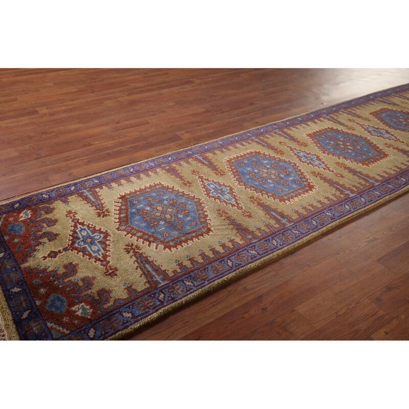 Geometric Green Viss Oriental Runner Rug Handmade Wool Carpet - 2'6"x 9'8"