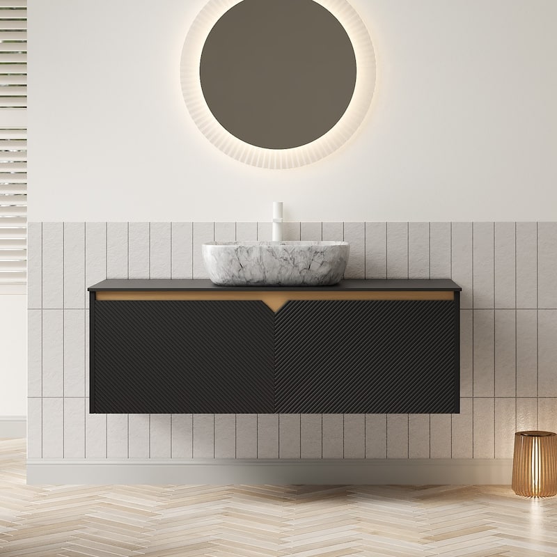 48" Bathroom Vanity with Vessel Sink, Wall-Mounted Floating Storage Cabinet with Double Doors - Black-Square