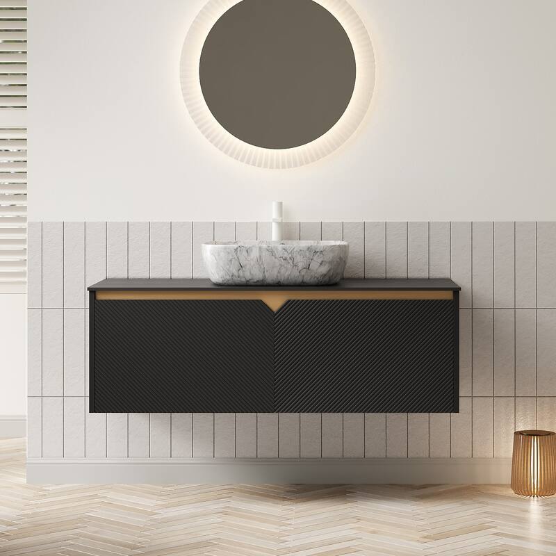 GDFStudio - Ruben Modern Floating Bathroom Vanity with Twill Double Doors, Metal Trim & Black Sintered Stone Countertop