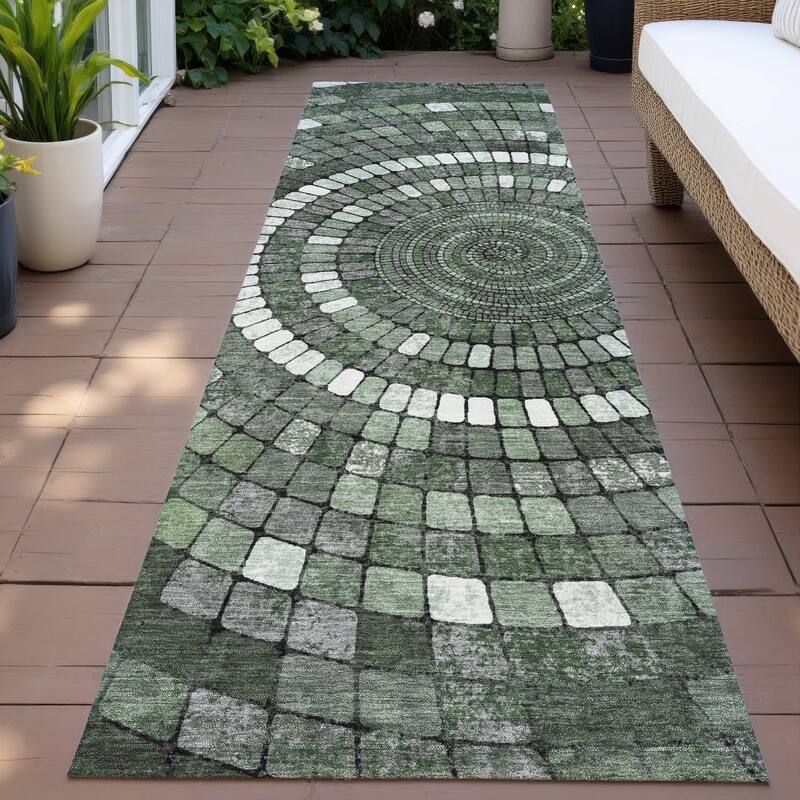 Machine Washable Indoor/Outdoor Contemporary Pinwheel Chantille Rug - Sage - 2'3" x 7'6"