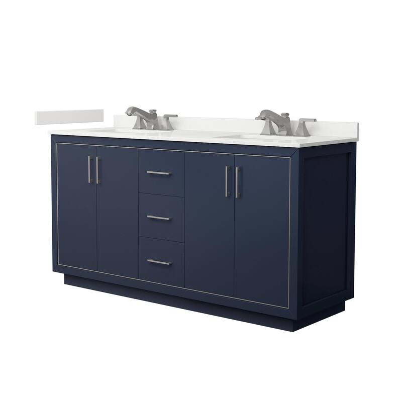 Wyndham Collection WCF111166D-QTZ-US3MXX Icon 66" Free Standing Double - Dark Blue / White Quartz Top / Brushed Nickel