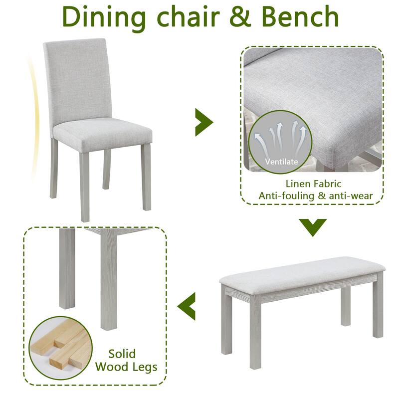 Upholstered Bench and Back Padded Dining Chairs, Dining Table with Crystal Decoration, Kitchen Table and Chairs Set