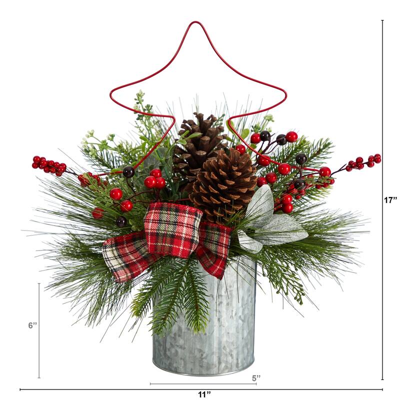 17in. Pinecone & Berries Artificial Christmas Arrangement with Metal Vase - Decorative Holiday X-Mas Centerpiece