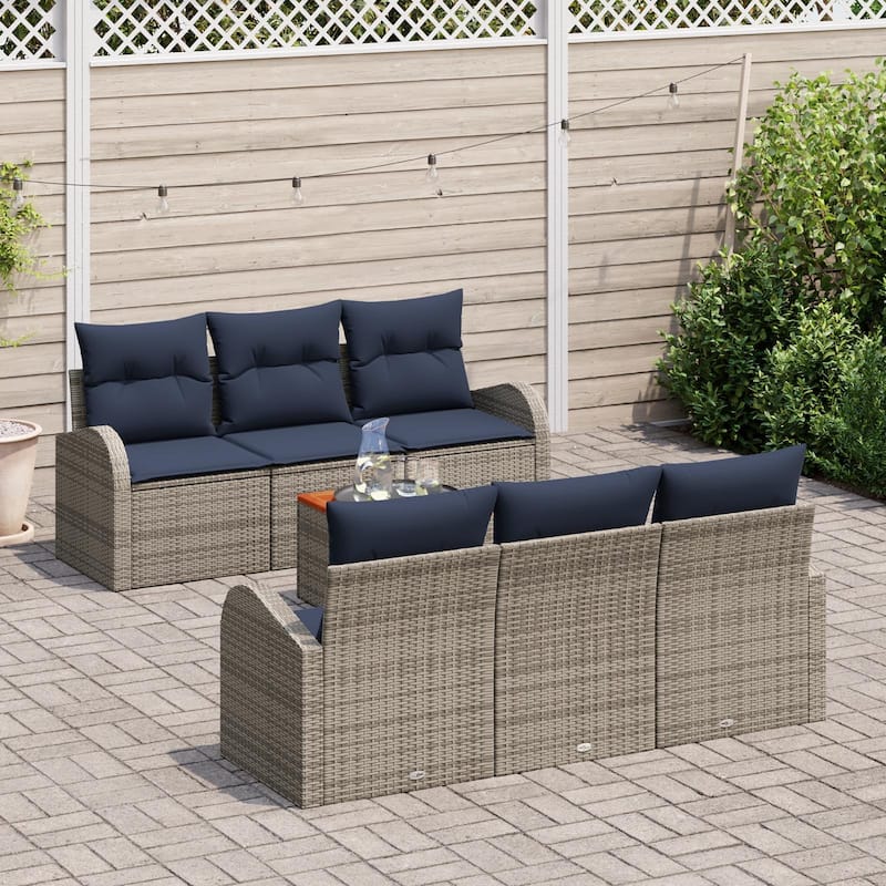 vidaXL 7 Garden Sofa Set with Cushions Black/Grey Poly Rattan - 70.5 x 24.4 x 27.2
