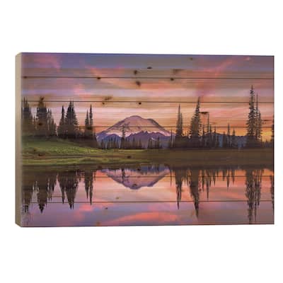 USA, Washington State, Mt. Rainier National Park. Tipsoo Lake panoramic at sunset. Print On Wood by Jaynes Gallery - Multi-Color