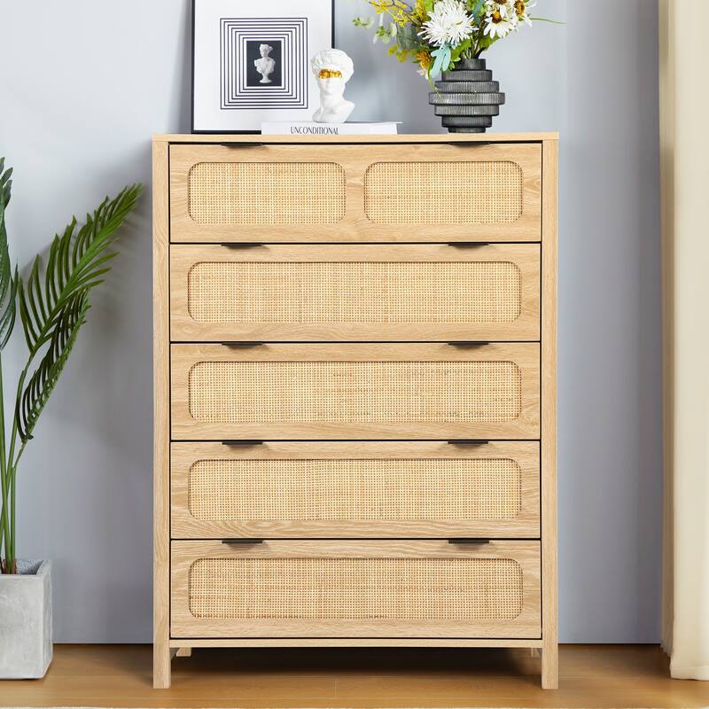 Wooden Rattan 5-Drawer Storage Cabinet Dresser