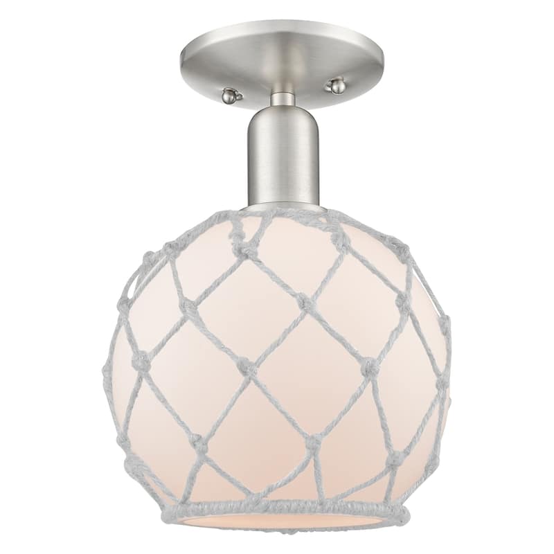 Innovations Lighting 716-1C-12-8 Farmhouse Rope Semi-Flush Farmhouse - Brushed Satin Nickel / White Glass with White Rope