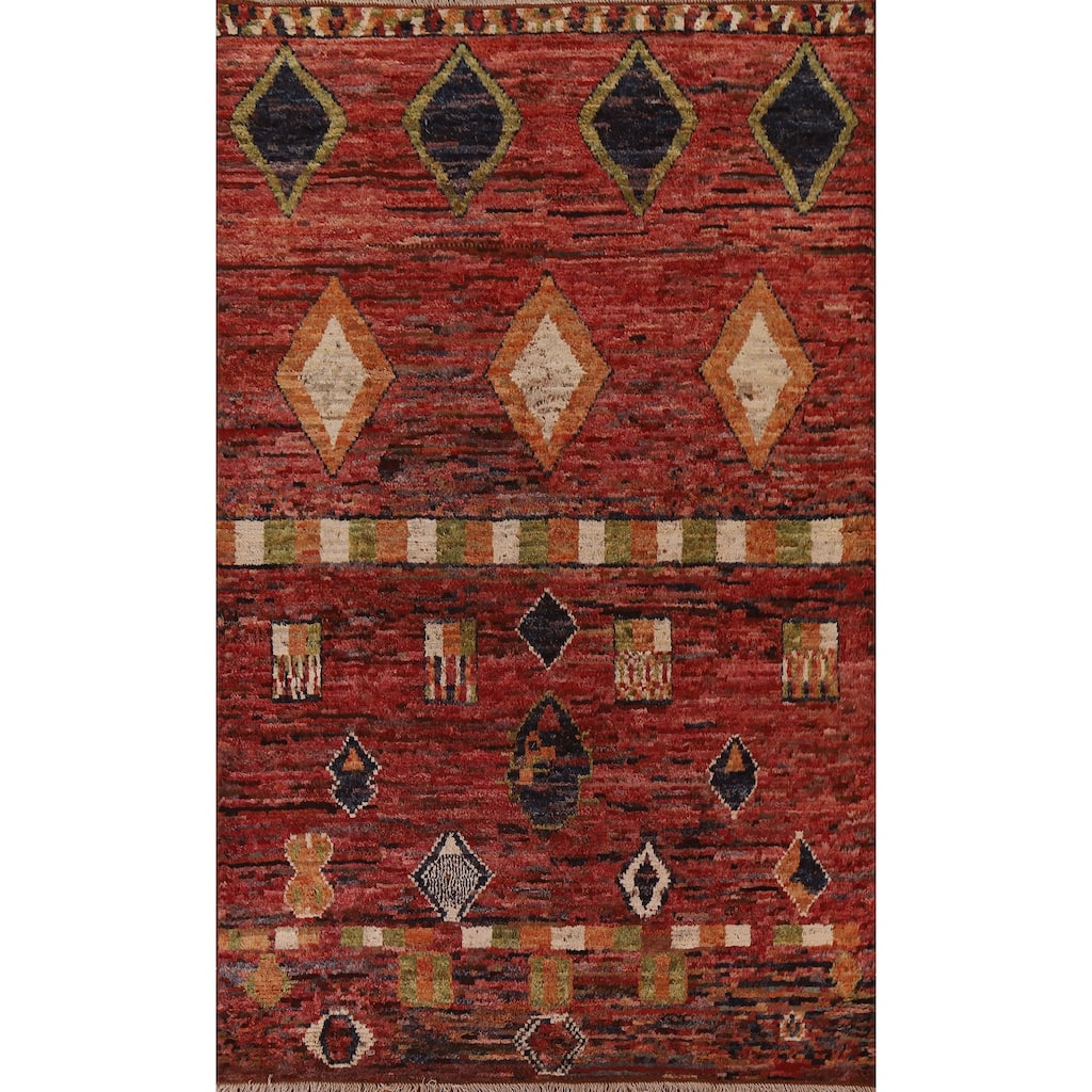 Hand Knotted Oriental 100% Wool Carpet Modern Tribal Red Moroccan Area Rug - 9' 11'' X 6' 9''