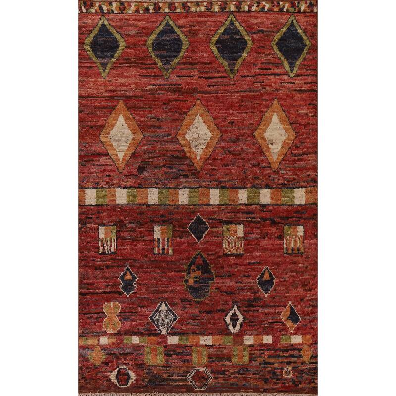 Hand Knotted Oriental 100% Wool Carpet Modern Tribal Red Moroccan Area Rug - 9' 11'' X 6' 9''