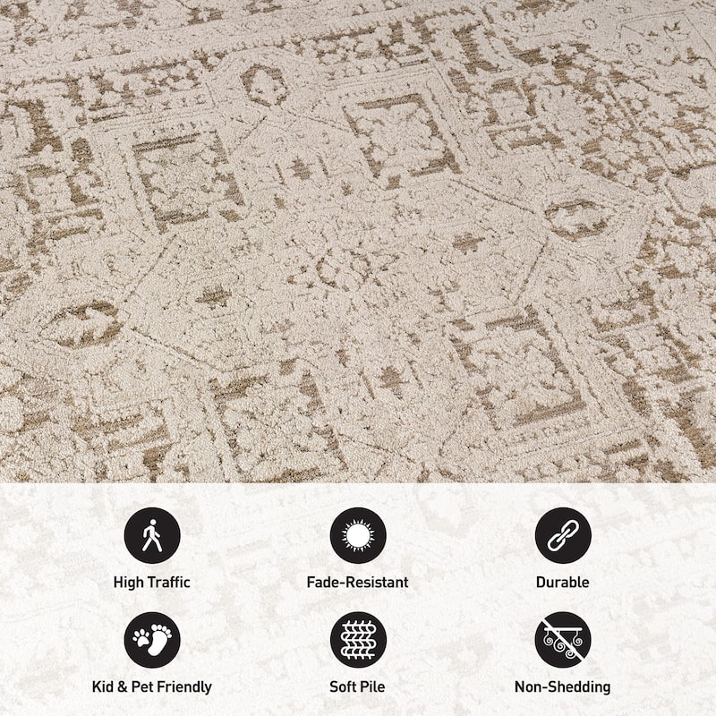 World Rug Gallery Textured Medallion Earth Beige Indoor High-Low Area Rug