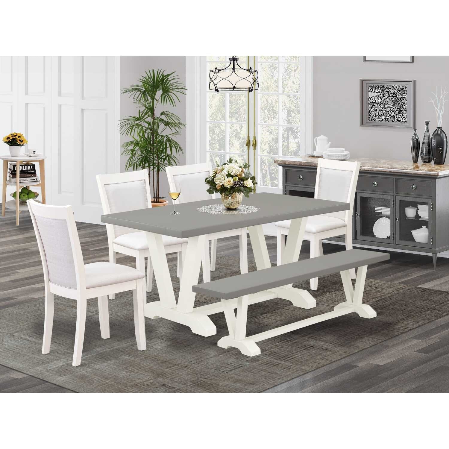 HomeStock 6-Piece Wire Brushed Linen White Finish Solid Wood Top Dining Table with 1-Bench, 4 Upholstered-Chairs