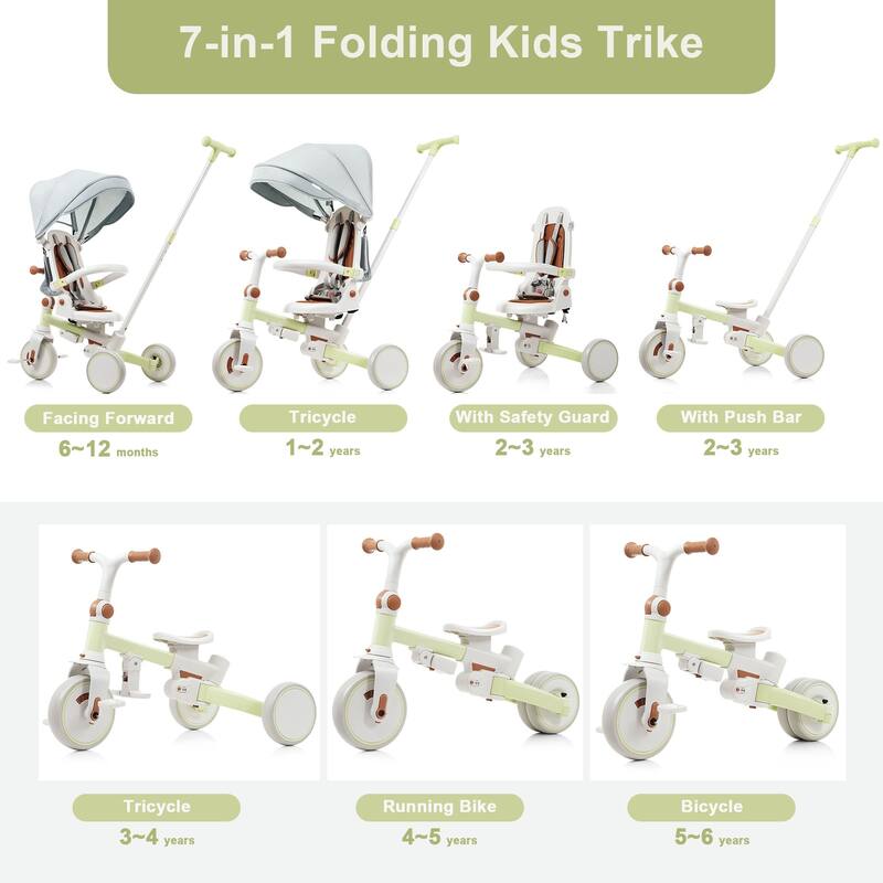 7 In 1 Baby Tricycle, Foldable Toddler Tricycle With Removable And Adjustable Parent Handle,For 12-72 Months
