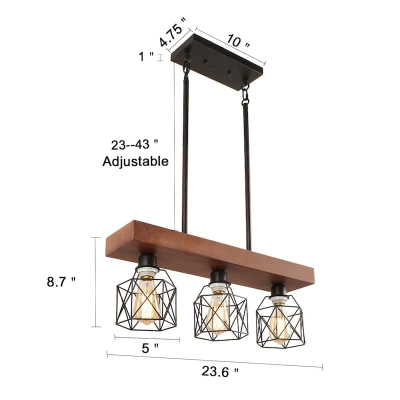 Anmytek Rustic Wood Metal Chandelier Kitchen Island 3-Light Fixture Adjustable Hanging Linear Chandelier for Dining Room