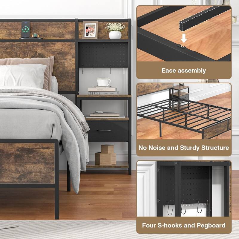 Rustic Brown Bed Frame (Queen/King) with 2 Sliding Nightstands & Bookcase Storage Headboard