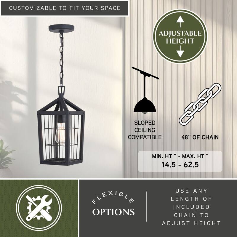 Gage 7-in Black Outdoor Farmhouse Wire Cage Pendant, 1-Light Hanging Ceiling Light with Clear Glass Panels
