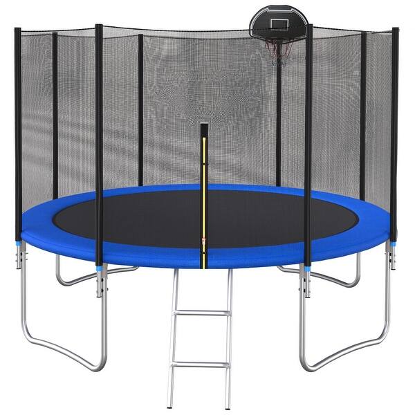 slide 2 of 9, Trampoline Outside Safety Net With Basketaball Hoop