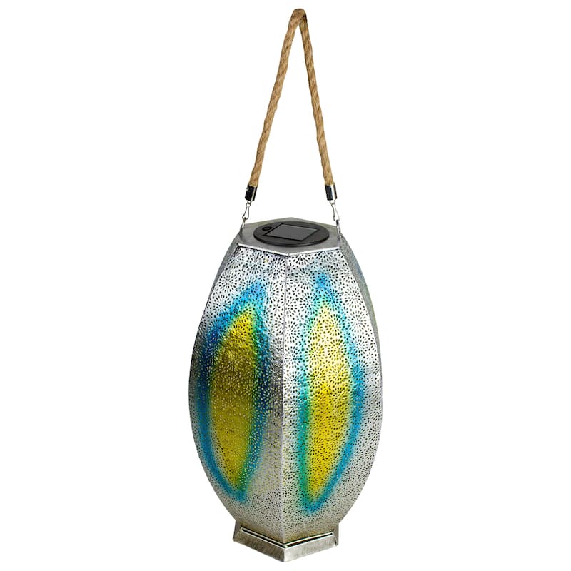 15.5" Silver Floral Outdoor Hanging Solar Lantern with Jute Handle - 15.5