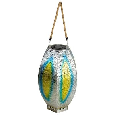 15.5" Silver Floral Outdoor Hanging Solar Lantern with Jute Handle - 15.5
