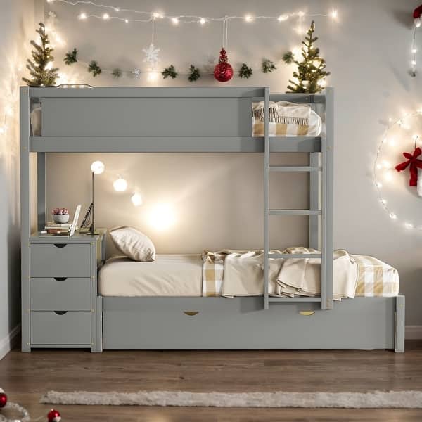 slide 2 of 12, Twin-Over-Twin Bunk Bed with Twin size Trundle, Storage and Desk Grey