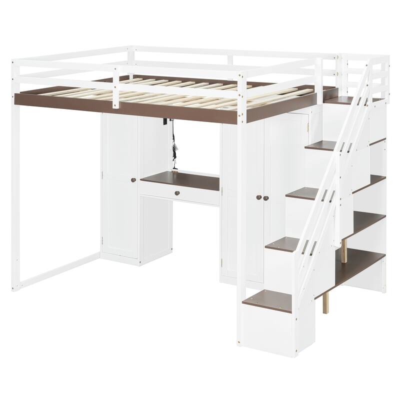 Full Size Loft Bed with Storage Staircase, Built-In Dressing Table, USB Ports & Lights by Harper&Bright Designs
