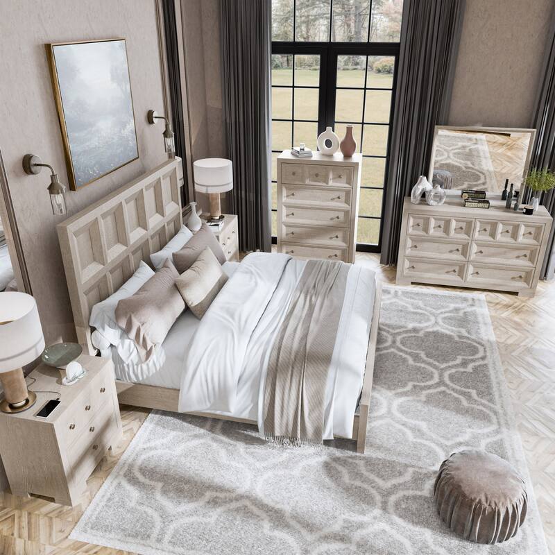 Furniture of America Durem Modern Classic 6-Piece Solid Wood Panel Bedroom Set with 3-Drawer Nightstand - Tawny - King