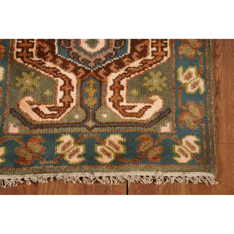 Green Geometric Kazak Runner Rug Hand-Knotted Traditional Wool Carpet - 2'8"x 9'8"