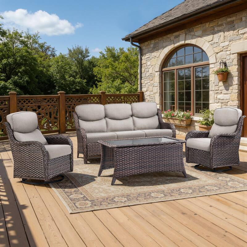 Meyreso 4-Piece Wicker Outdoor Patio Conversation Set with 5-Inch Thick Olefin Cushions - Brown Wicker - Beige Cushions