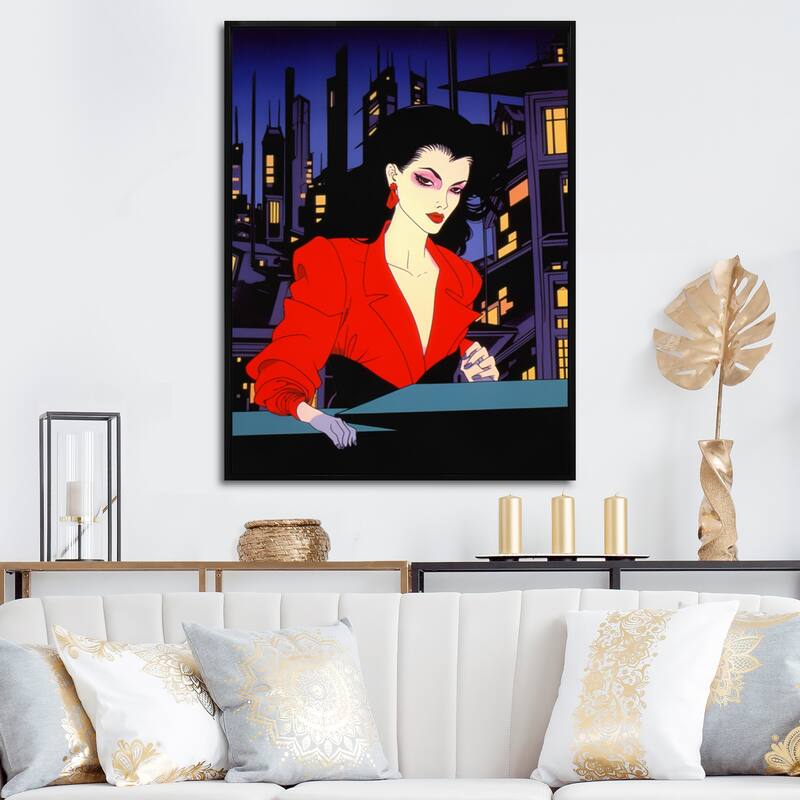 Designart "Pop Art Nightlife Diva I" Woman Pop Art Framed Wall Art Living Room - 16 in. wide x 32 in. high - Black