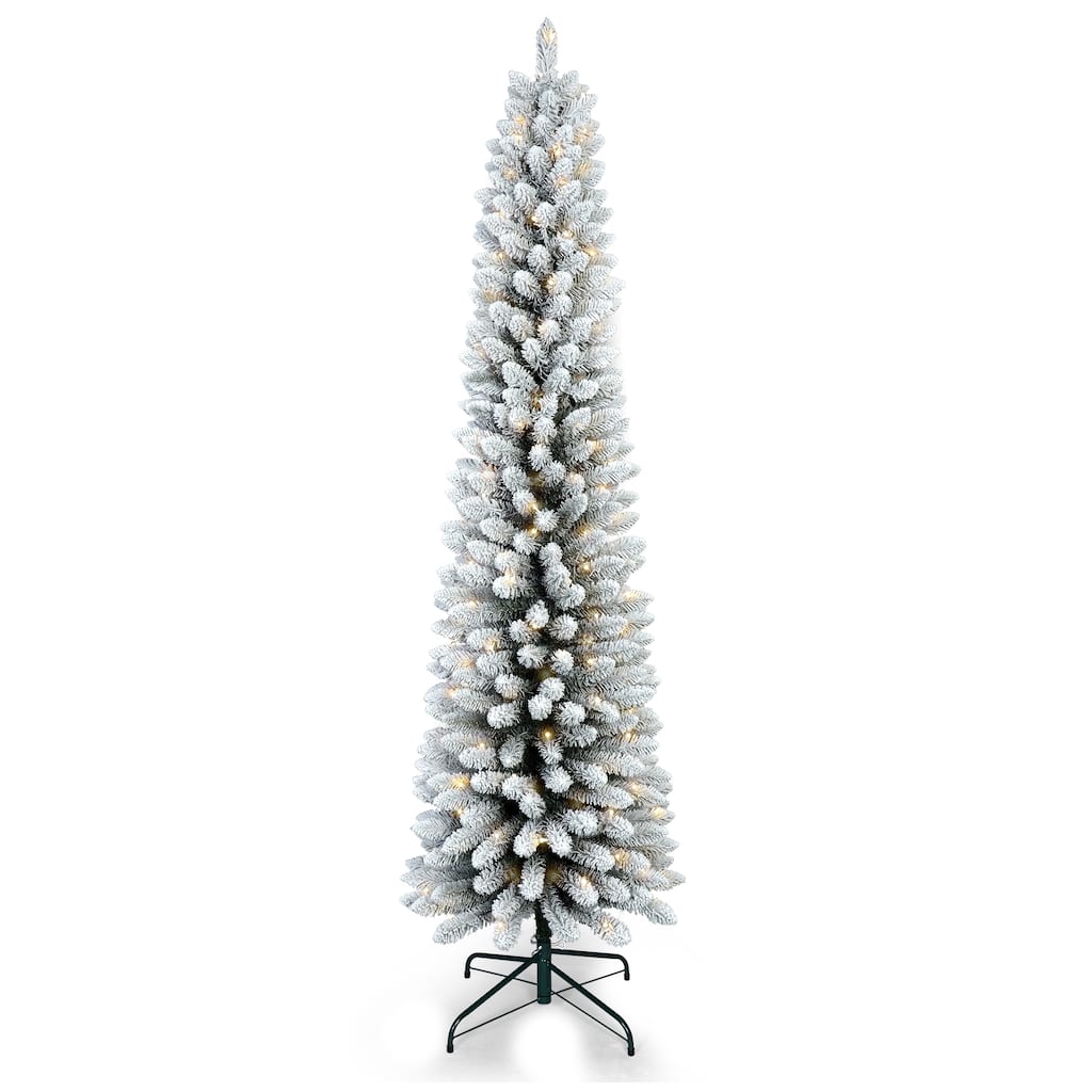 5FT Flocked Pencil Christmas Tree with 100 Warm White LED Lights-Slim Snowy PVC Tree with 263 Tips,Metal Stand,Space-Saving