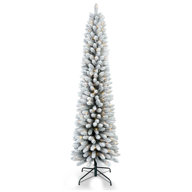 6FT Flocked Pencil Christmas Tree with 150 Warm White LED Lights-Slim Snowy PVC Tree with 358 Tips - 6 Foot