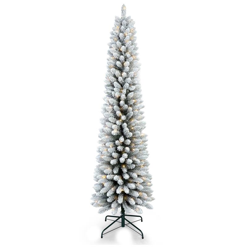 7FT Flocked Pencil Christmas Tree with 200 Warm White LED Lights-Slim Snowy PVC Tree with 469 Tips,Metal Stand,Space-Saving - Green,White