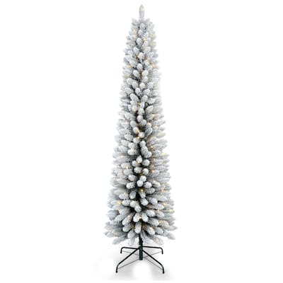 7FT Flocked Pencil Christmas Tree with 200 Warm White LED Lights-Slim Snowy PVC Tree with 469 Tips