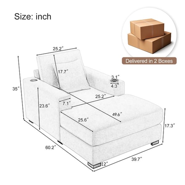 dimension image slide 1 of 3, Modern Style Chaise Lounger Sofa Couch ,with Pillows, Charge Station & Cup Holders