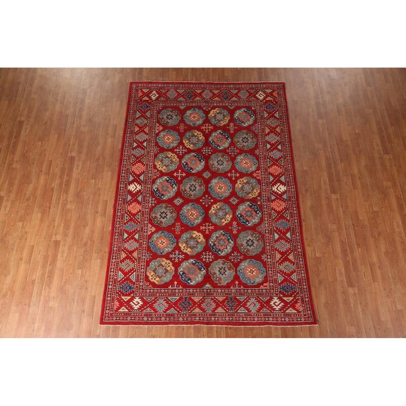 All-Over Geometric Kazak Living Room Area Rug Handmade Wool Carpet - 6'4" x 9'7"