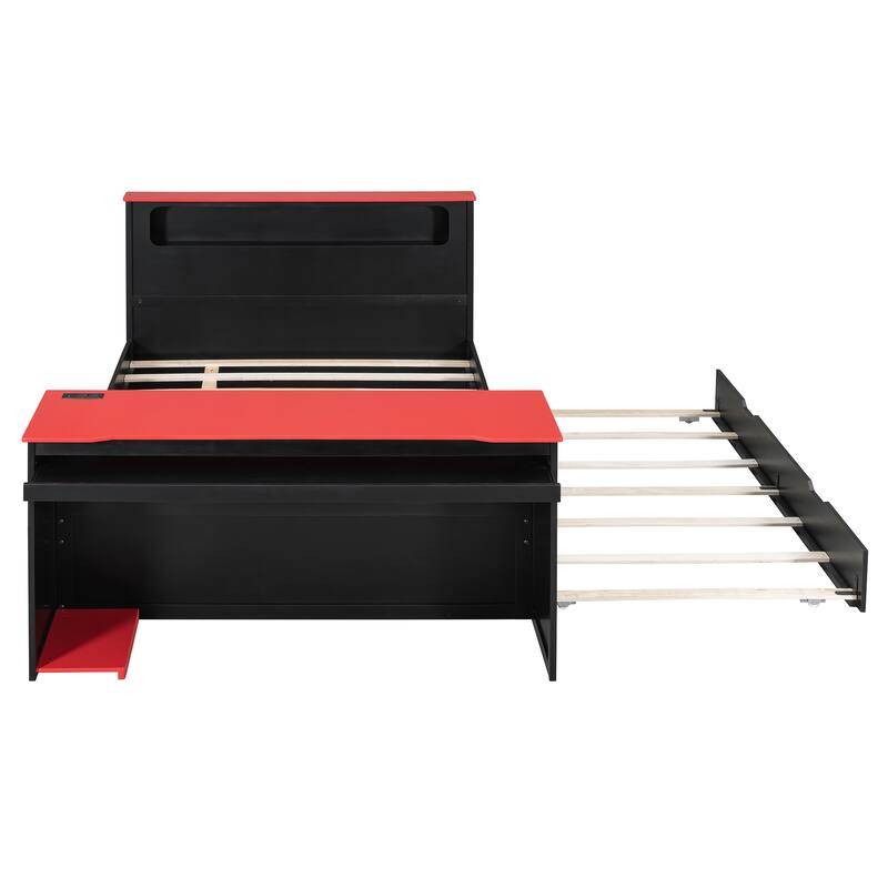 Wood Daybed with Trundle & Built-in Desk, LED Lights & USB Charging Port, Available in Full or Twin