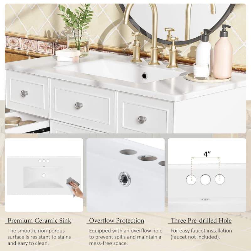 36" Wood Vanity with Ceramic Sink, Soft-Close Doors, Shelves, and Deep Drawers for Storage.