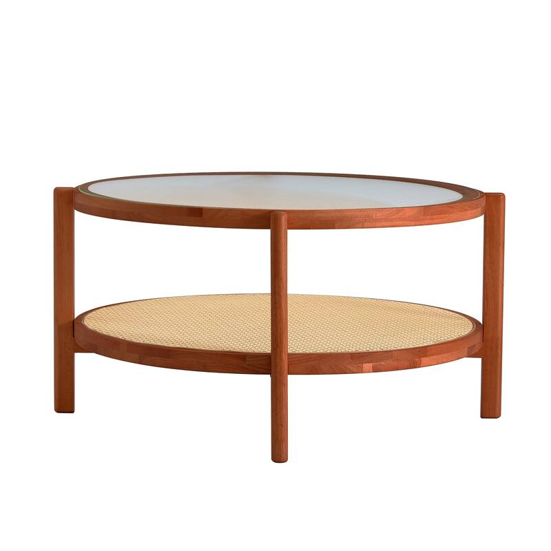 Circular Double-Layer Coffee Table, Glass Coffee Table with Open Rattan Storage Shelf Solid Wood Frame Tea Table