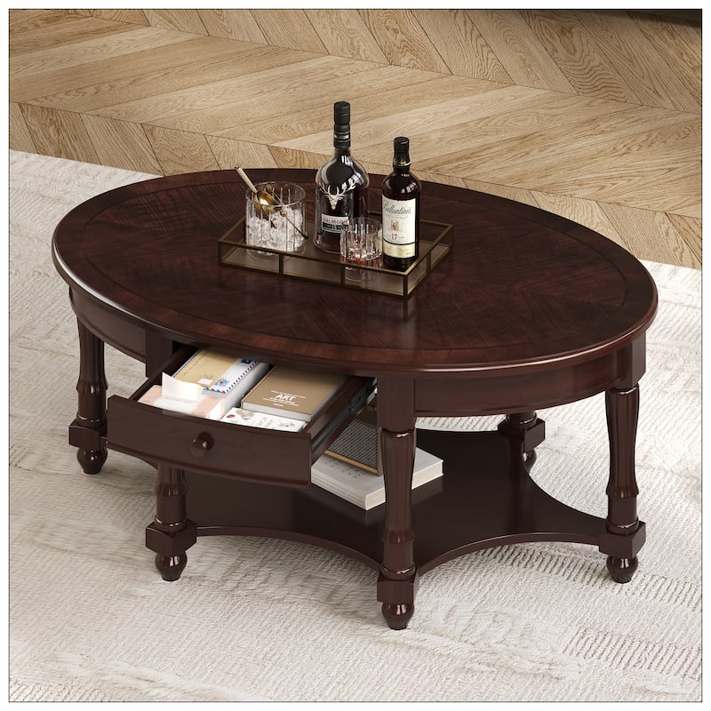 Vintage Oval Coffee Table with Drawer and Storage Shelf