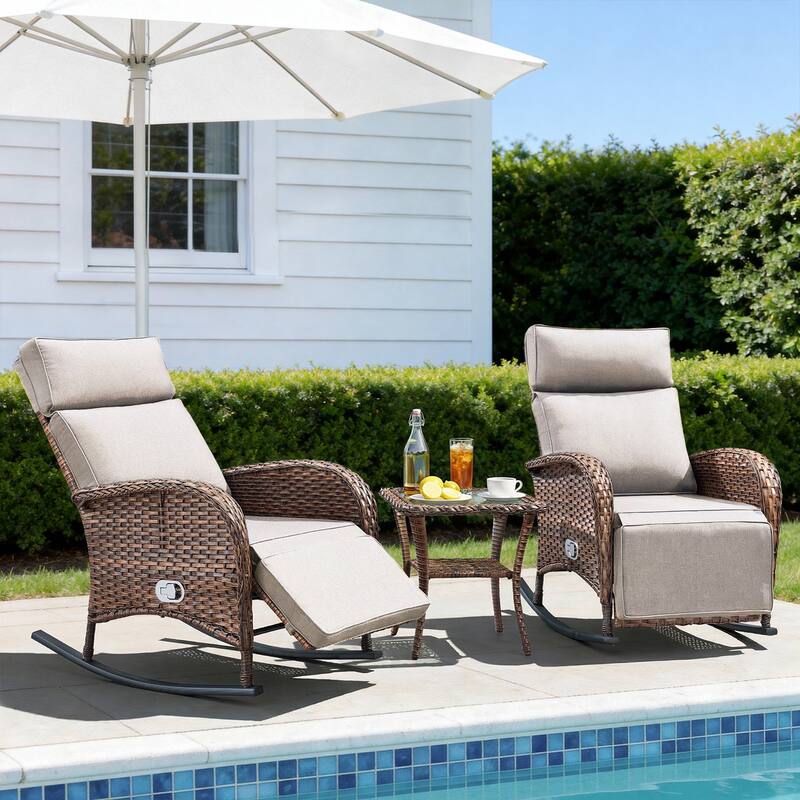 Pocassy Patio Rocker Chaise Lounge Chairs with Adjustable Backrest Set. - Brown Wicker with Beige Cushion - 3 Piece Rocker Recliner Chair with Side Table
