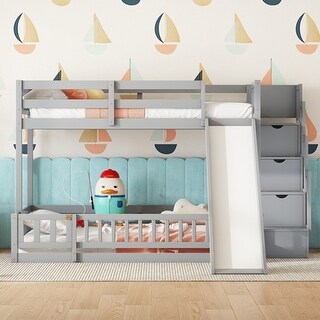 Pine Solid Wooden Bunk Bed with Slide, Storage Staircase and Safety Guardrails